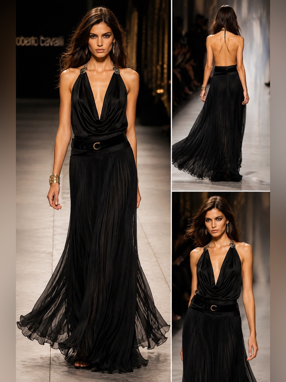 Roberto Cavalli Black Pleated Maxi Skirt Luxe Velvet Waist Belted Formal Evening